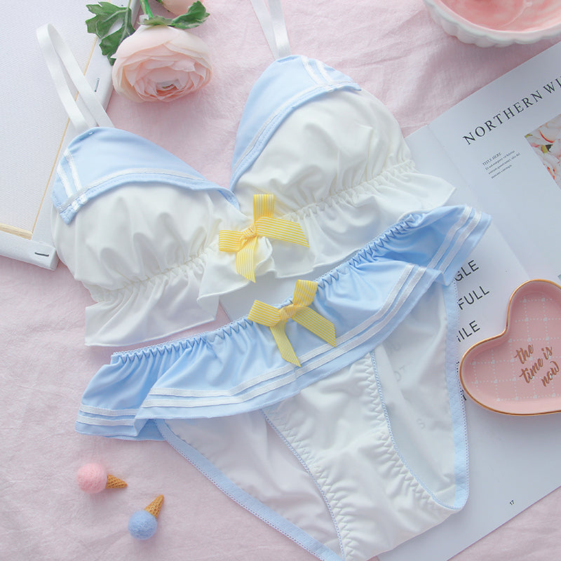 Kawaii Sailor-Style Lingerie Set - Cute Ruffle Bra & Panty
