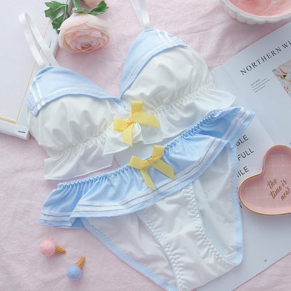 Kawaii Sailor-Style Lingerie Set - Cute Ruffle Bra & Panty