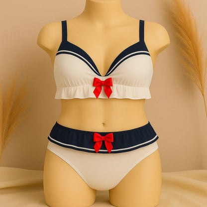 Kawaii Sailor-Style Lingerie Set - Cute Ruffle Bra & Panty