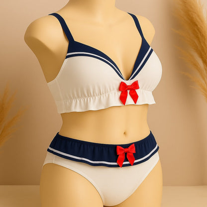 Kawaii Sailor-Style Lingerie Set - Cute Ruffle Bra & Panty
