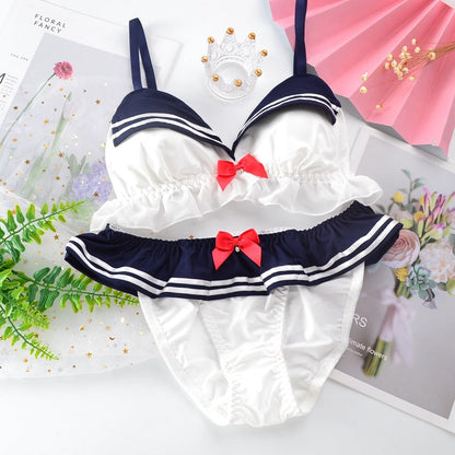 Kawaii Sailor-Style Lingerie Set - Cute Ruffle Bra & Panty